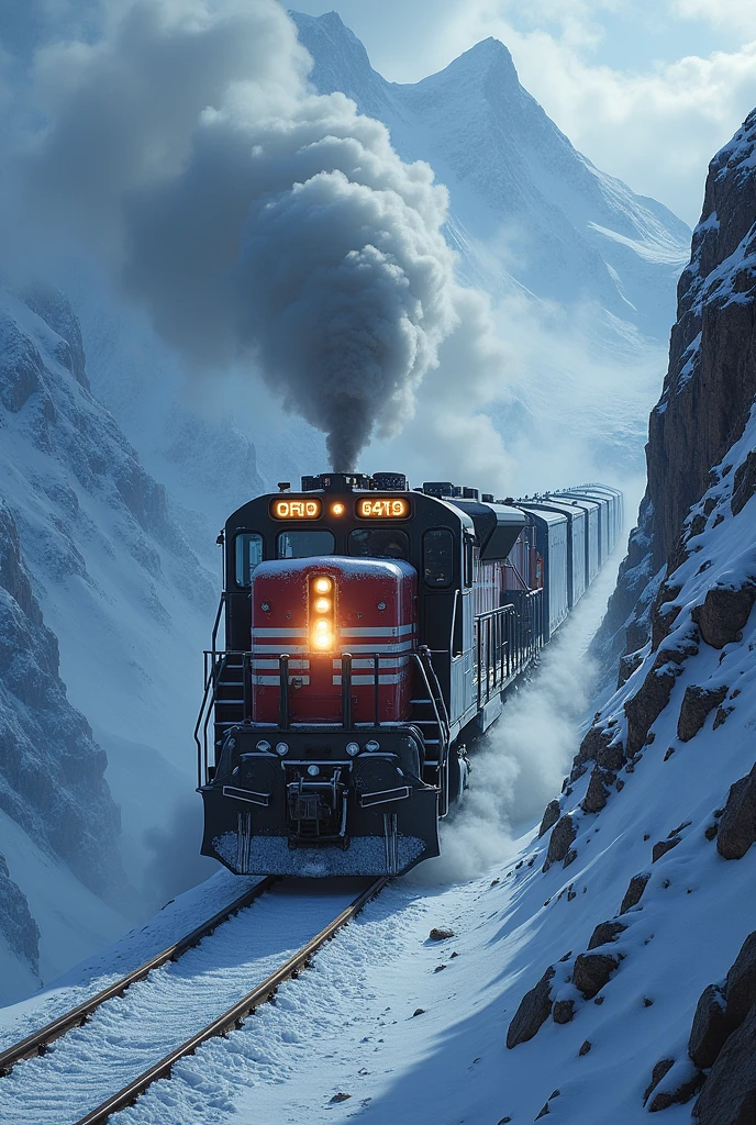 Draw an American diesel train going up a mountain on a freezing, snowy night
