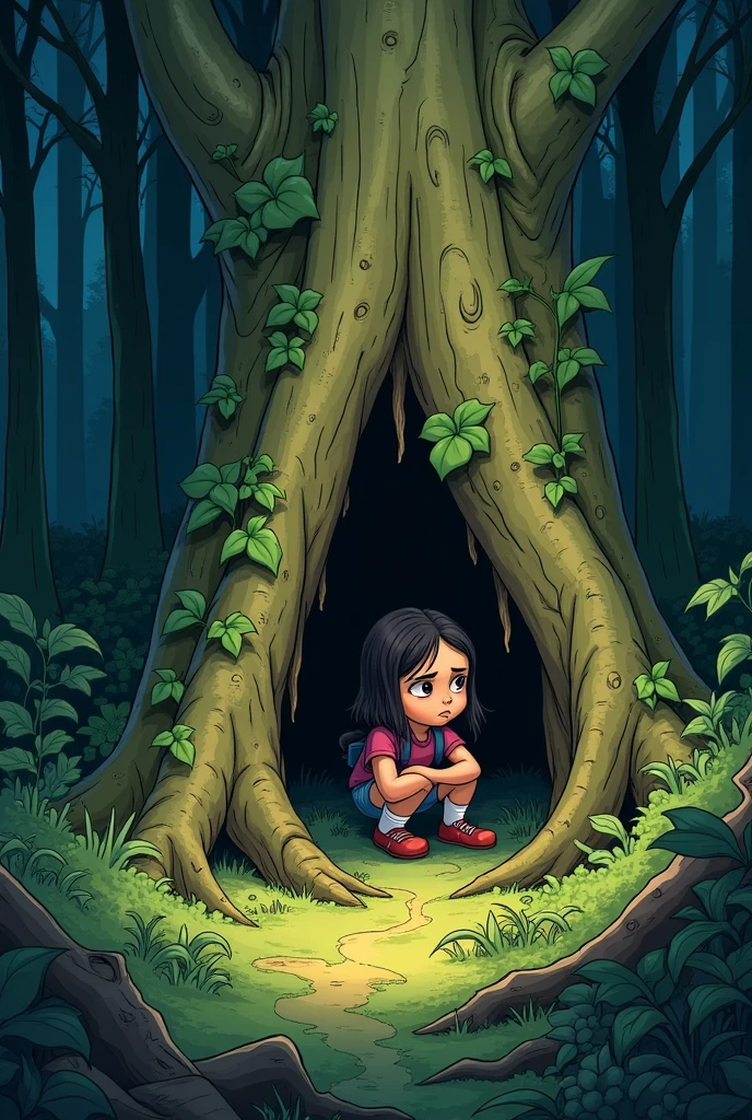 Illustrate Mia searching for Whiskers, looking under bushes, and climbing over logs. The forest is thick with vegetation, and Mia is determined, with a hint of anxiety on her face. She is peeking into a hollow tree, her surroundings still tinged with shadows.