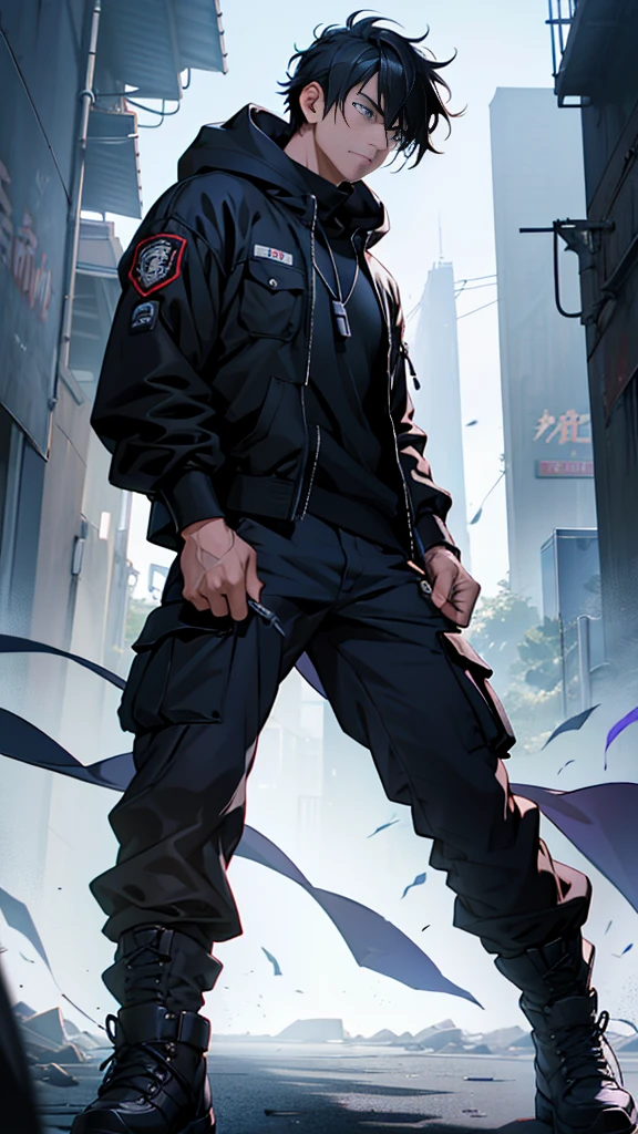  an hot anime-style male character named Akira Yamada. He has medium-length black hair with streaks of silver that hint at his mysterious nature. His deep blue eyes resemble the ocean at night, and he bears a slight scar on his left cheek. Akira is around 5'10" with a lean, athletic build. He wears a dark hoodie with a high collar, black cargo pants, and combat boots. Around his neck, he has a pendant with an ancient symbol. Akira is portrayed as a loner, quiet and reserved, with an intelligent and strategic demeanor. He has a strong sense of justice, preferring to work from the shadows. The background should reflect his past as a former elite warrior protecting the balance between the human world and the supernatural realm, now a vigilante seeking the truth after a tragic event.