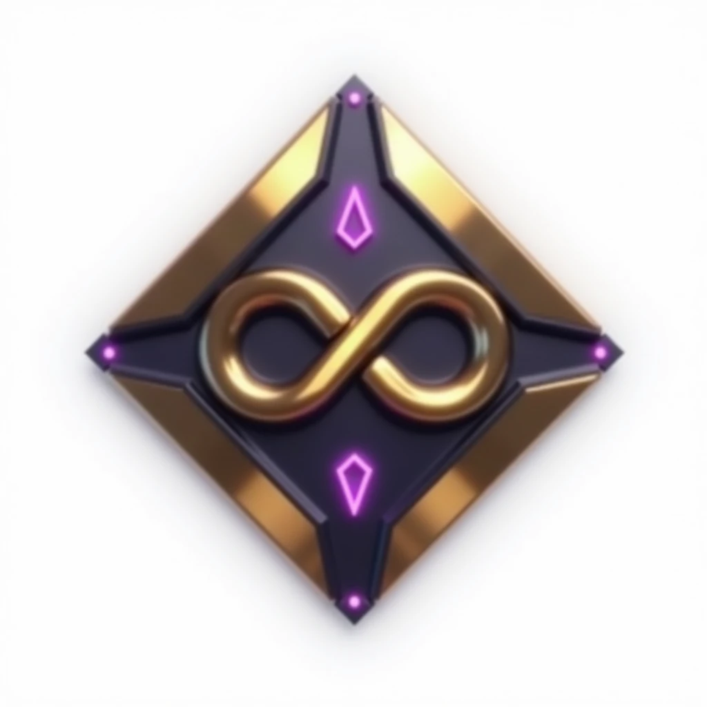 a futuristic diamond logo, black, gold, purple, metal theme, technology company, infinity symbol, plain white background