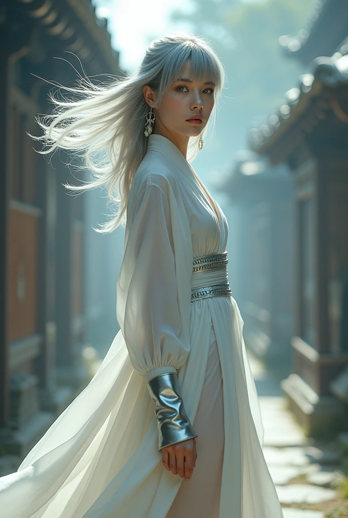 Young white female, 20 years old, British, Defined face with blue eyes, Straight silver hair blowing in the wind, Curtain bangs, Wearing a traditional white Japanese dress, Silver steel toe boots that go over the knee