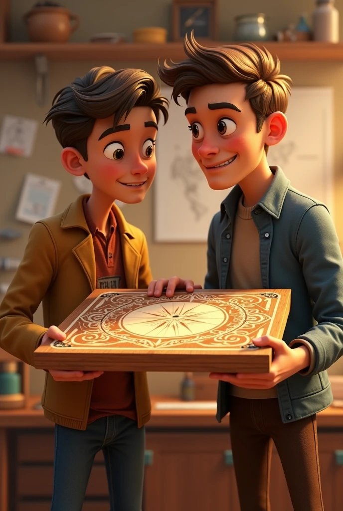 Two male animated characters holding a wooden writing Brothers's Design