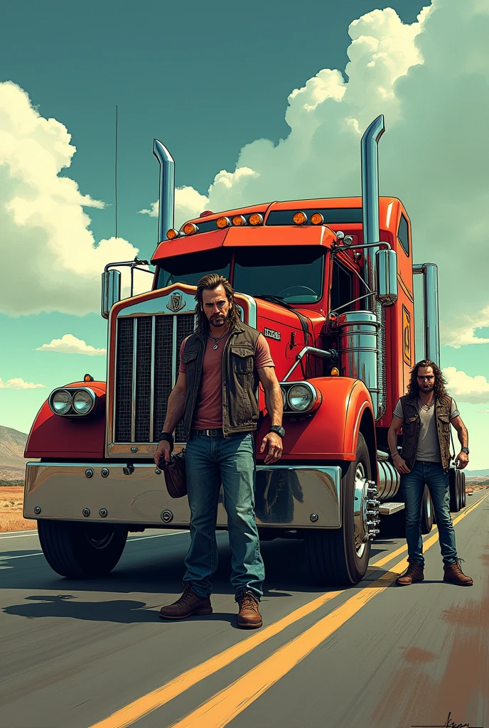 "Comic book cover titled 'Brothers Of The Wheel' featuring a diesel truck, bikers, and a hot rod side by side on a highway, Art styles include surrealism and high realism, inspired by David Mann and classic comic book art. Long shot, wide angle lens, bright colors, highly detailed, cinematic render."