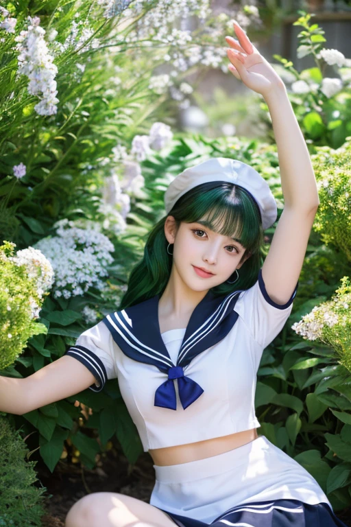 (Highly Detailed CG Unity 8K Wallpaper, masterpiece, Highest quality), (Exquisite lighting and shadows, A very dramatic picture, cinematic lens effects), (Sailor Moon: 1.4), Delicate facial features, Cute Smile, Star Eyes, ((Dark green hair)), Tight Top, White gloves, mini skirt, Dynamic pose, lying in the garden), (Blooming garden background) (Amazing details, Excellent lighting, Wide-angle), (Excellent rendering, I'm so proud of my species),