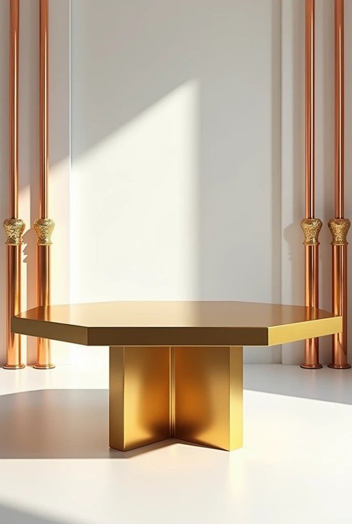 Close up of a golden table on a white background, shiny copper, Art Deco in the 1970s, copper pipes on the walls, copper, copper plated, 20K, copper and copper, Mid century, golden columns نقية, Made of polished bronze, golden columns, 1990s, 9 0 seconds, 1 6 K, 16 kg, '20