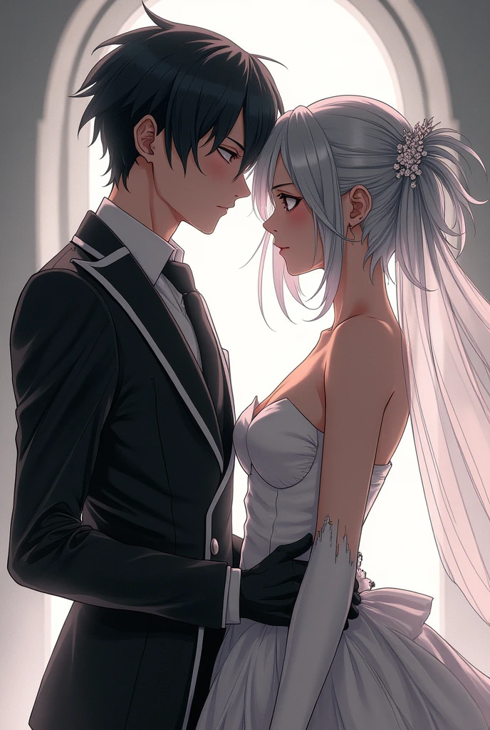 Sanakan and Cibo from Blame! Manga in a wedding dress), (sci-fi theme) suit black hair, dress striking silver hair, Eyes staring at each other, Futuristic atmosphere Emphasizes radiance pure atmosphere Intricate details of the outfit A soft but bright light shines from above. Intimate and romantic atmosphere Highly detailed, exceptionally detailed, cinematic quality, emotionally charged scenes.