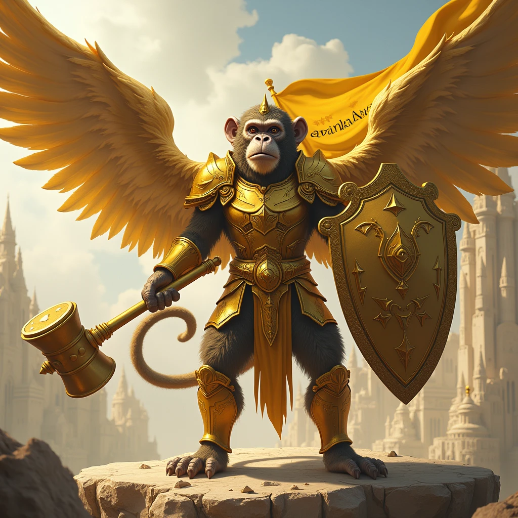 Create an image of a winged monkey wearing shiny golden armor. He is holding a large hammer in one hand and a golden shield in the other.. On the monkey's back, there is a golden flag with the text 'AVA MONKEY' written in elegant letters. The scene should convey a sense of power and majesty, with the armor reflecting light and the flag waving in the wind.