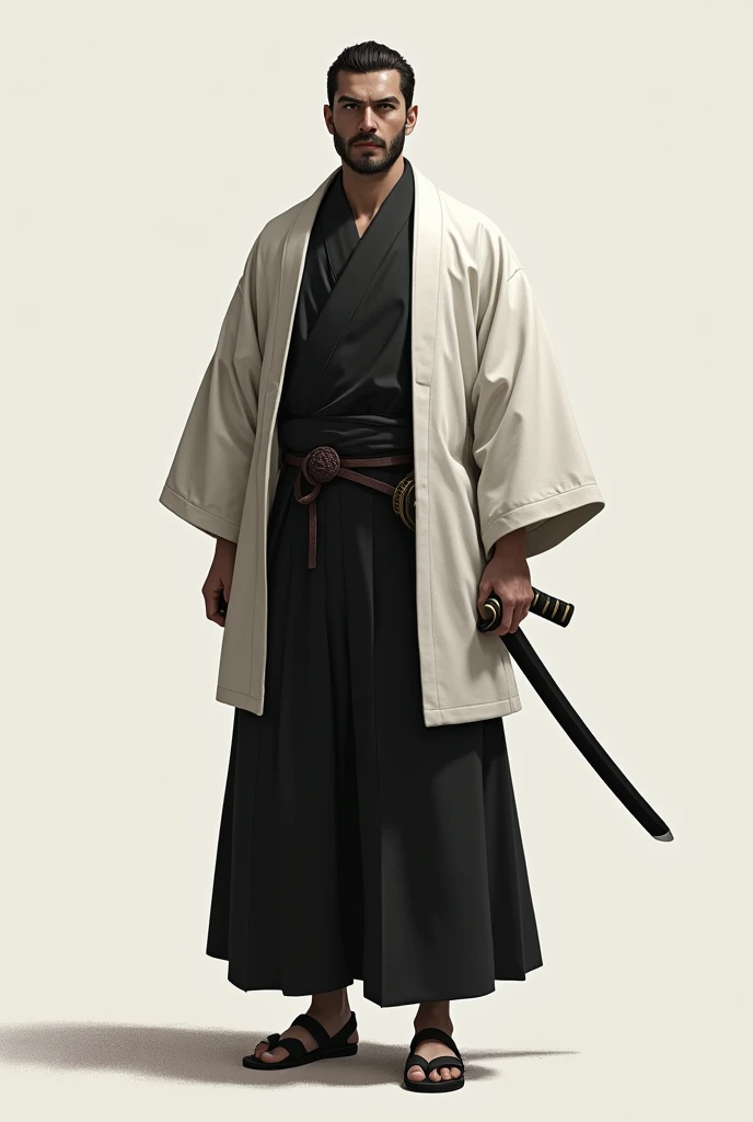 one man, black kimano, white short coat, belted katana