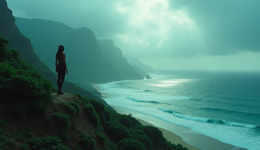 Photorealistic drone photo of a mountain slope mountainside in an alien jungle on the ocean shore. In the center of the picture is a women. She stepped on a lonely unknown planet, A certain visible and invisible oceans stretched before the eyes of the astronaut, boasting a variety of shades from turquoise to deep blue. Islands, covered with strange and magical trees, shone on the surface of the water, Like little gems. Kodak ektar film, 35mm photography, professional lighting, deep aesthetic, microscopic details, contemporary art, dreamlike surrealism, The scene is epic and mysterious, reminiscent of the X-Files, dreamy, ethereal, ultra-detailed, Strong contrast, Good depth of field, 8K wallpaper, Masterpiece, Aesthetic illustration in realistic style, Dark Clouds almost completely covered the sky, the air is very humid, urgently outside, In the background, huge, incomprehensible but interesting and exciting jellyfish-shaped capsules grow from the ground into the sky, alien structures look like jellyfish in the background
