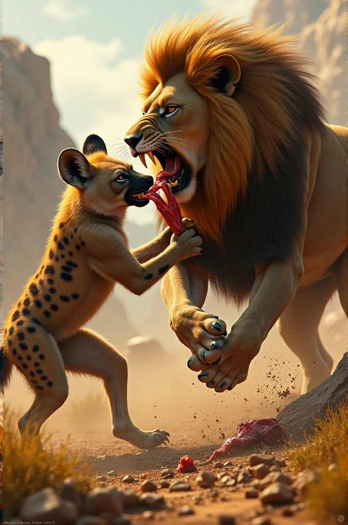Lion fighting a hyena for meat