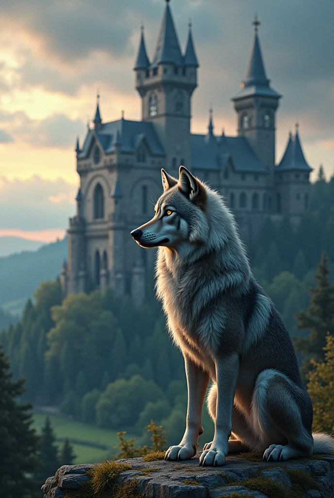Wolf sitting Infront of the castle