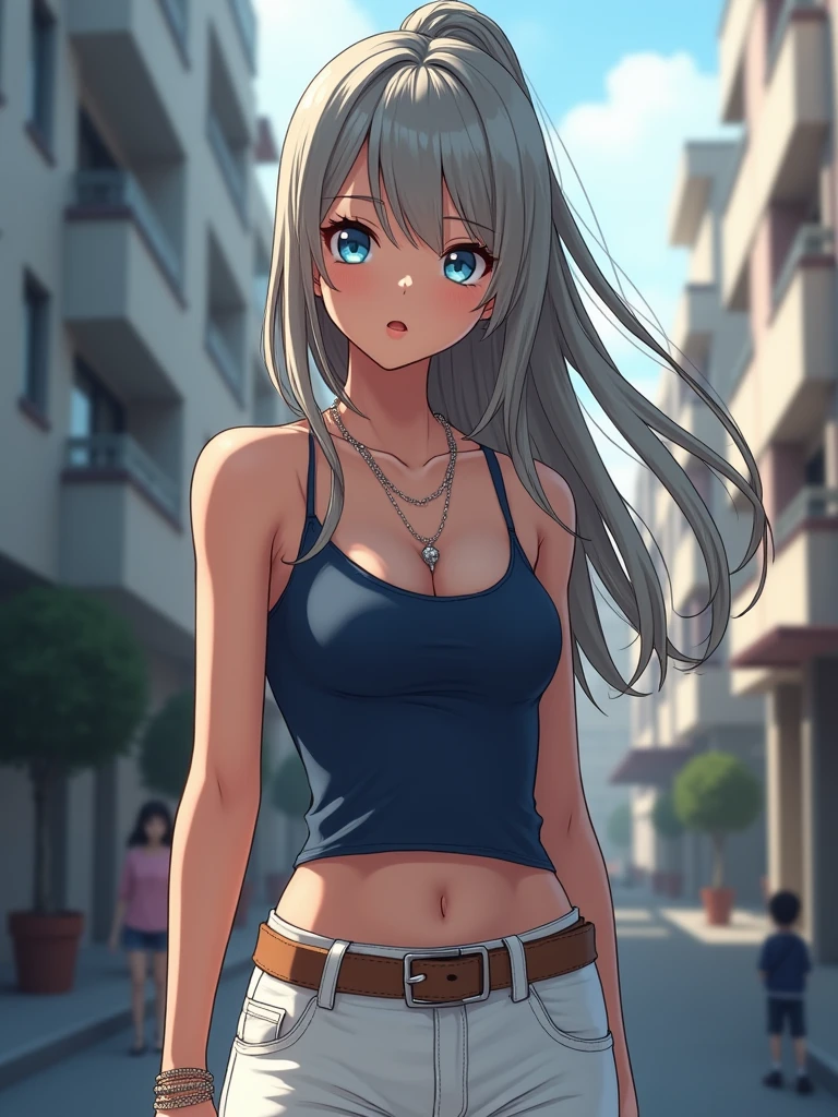 A cinematic-style medium shot of a manga-inspired fashion-forward young woman with a navy tank top and white jeans. She has a belt around her waist and is wearing a necklace. Her long, straight hair is a blend of gray and light brown, and her eyes have blue irises. The background is a blurred urban landscape with buildings. The image has a painting-like quality.