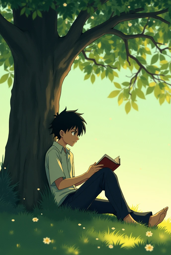 Ray from The Promise Neverland leaning against a tree reading a book, with a vintage style with anime features