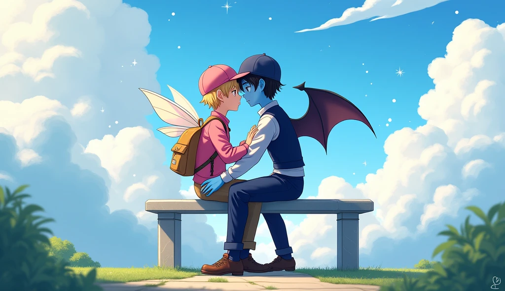 Two men they are sitting on a marble bench and are kissing the boy on the left has blond hair fair skin is wearing a pink cap a pink jacket a pink backpack with fairy wings on it blue pants and black shoes the boy on the right has blue skin has black hair is wearing a dark blue cap a white dress shirt with dark blue vest black pants dark blue shoes and is wearing a dark blue backpack with bat wings they are sitting and kissing the place they are is a park in the clouds the image has to be in anime