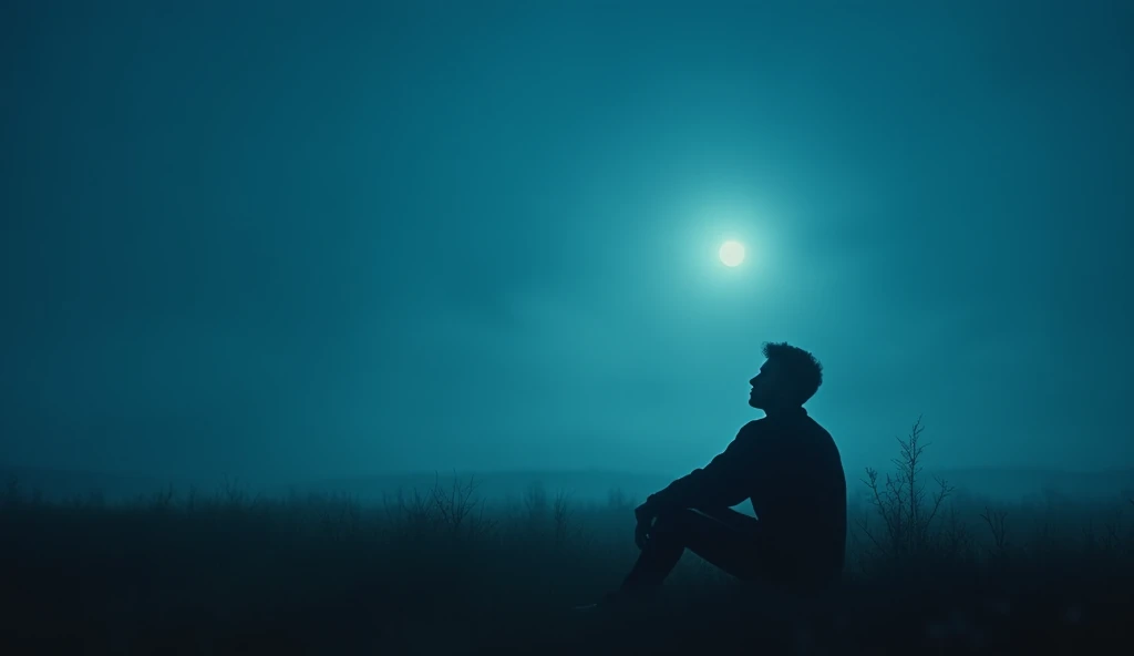 generates me a man sitting, looking at a blue sky in an atmosphere of nocturnal solitude, photography 20mm, with a slight grain on the image, soft colors, blue atmoshpere, in a large field, the silhouette have to be close to the screen, there is no moon in the sky, soft fog