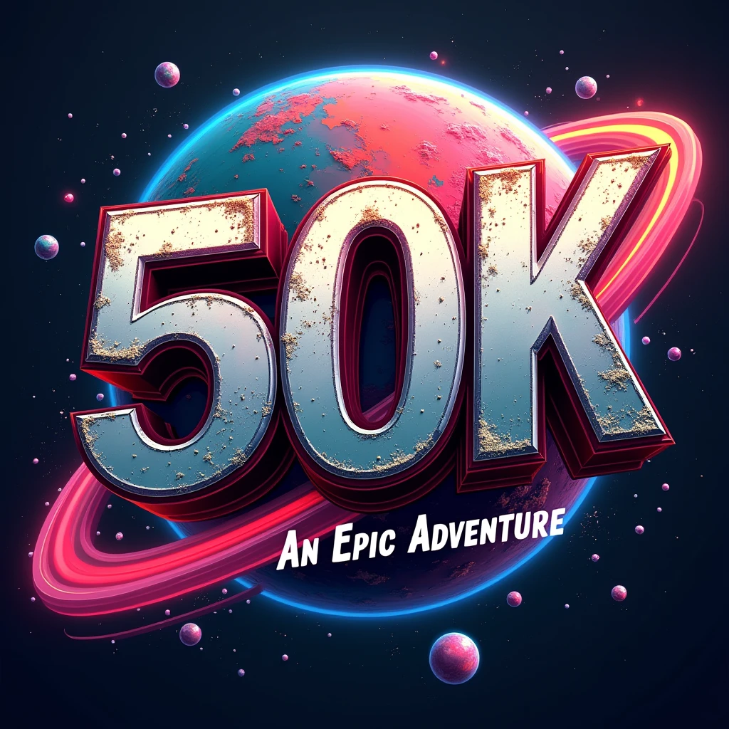 A design poster, (graffiti art, metallic letters, poster saying "50K"). (Another medium tittle "OBRIGADO", "THANK YOU", "GRACIAS"). It features a graffiti art with metallic letters, and a ringed colorful planet in the background. The tittle is in bold, graffiti style typography with a catchy tagline, "An Epic Adventure". ((small tittle "GUSTAVO YABAI"))
