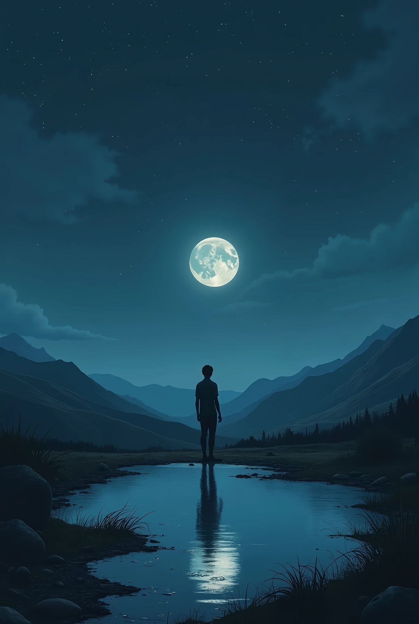 A person alone but contemplating his reflection with a landscape in the background and a night environment