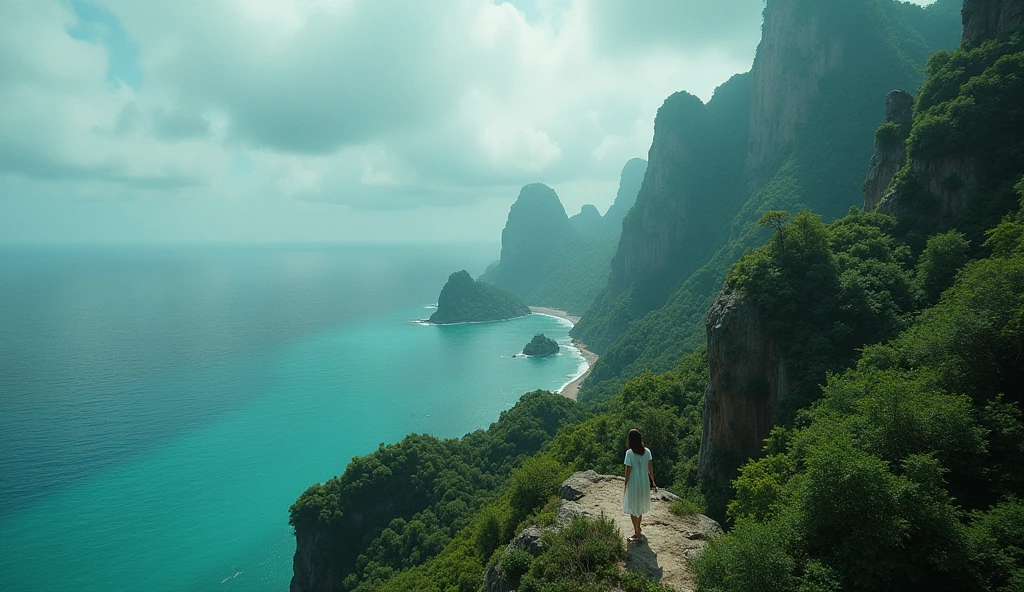 Photorealistic drone photo of a mountain slope mountainside in an alien jungle on the ocean shore. In the center of the picture is a women. She stepped on a lonely unknown planet, A certain visible and invisible oceans stretched before the eyes of the astronaut, boasting a variety of shades from turquoise to deep blue. Islands, covered with strange and magical trees, shone on the surface of the water, Like little gems. Kodak ektar film, 35mm photography, professional lighting, deep aesthetic, microscopic details, contemporary art, dreamlike surrealism, The scene is epic and mysterious, reminiscent of the X-Files, dreamy, ethereal, ultra-detailed, Strong contrast, Good depth of field, 8K wallpaper, Masterpiece, Aesthetic illustration in realistic style, Dark Clouds almost completely covered the sky, the air is very humid, urgently outside, In the background, huge, incomprehensible but interesting and exciting jellyfish-shaped capsules grow from the ground into the sky, alien structures look like jellyfish in the background