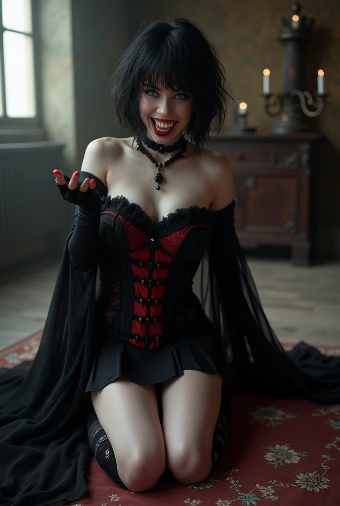 photo by full body, Kizi, vampires, with large fangs appearing in the half-open mouth, Bblack hair, shorth hair, Shaggy hair, pale skin, blue colored eyes, dark red lips, medium breasts, mischievous grin, vampiro fangs, black corset with intricate red details, Flowing Black Cover, black pleated skirt, Black socks with a stripe, Black and red high heels, black choker, black diamond pendant on deep necklace, (kneeling down on bed, beckoning the spectator to come closer), Streaming ao luar, lightrays, inside an old church, by candlelight, (best qualityer, 4K, 8k, high resolution, work of art:1.2), ultra detali, (realisitic, photorealisitic, photo-realisitic:1.37), HDR, ultra HD, studio lighting, Light source from behind, sharp focus, extreme detailed description, proffesional, bright coloured, dark and mysterious atmosphere, modeling posture, seductive posture, confident stance, legs spread open, hypnotic look