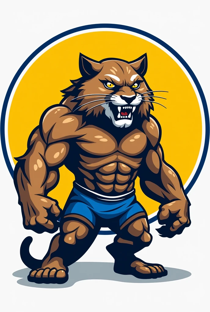 create an illustration of an anthropomorphic and hypertrophied puma, wearing blue shorts, within a yellow circular frame, frame border should be blue and white. The centralized body, facing the front, the flexed muscles, the aggressive face, showing teeth, leave with fur texture, mainly on the face. The illustration will be used for a university athletics logo..