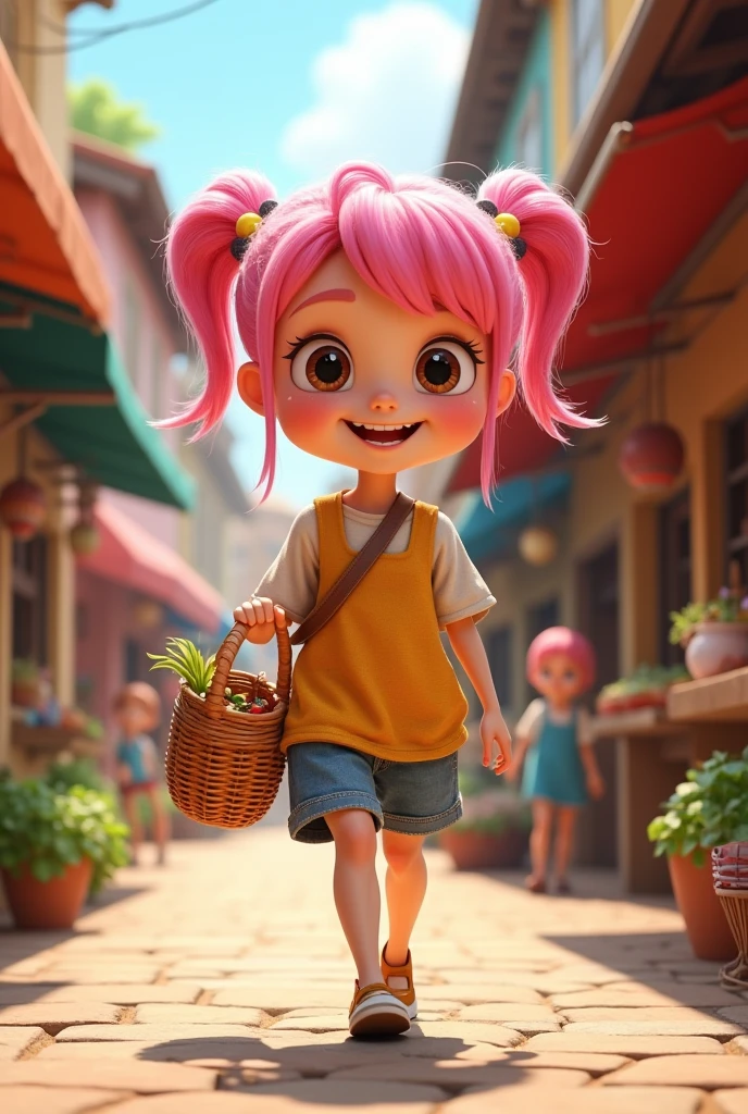 Cartoon of a girl with pink hair holding a basket going to the market 3D