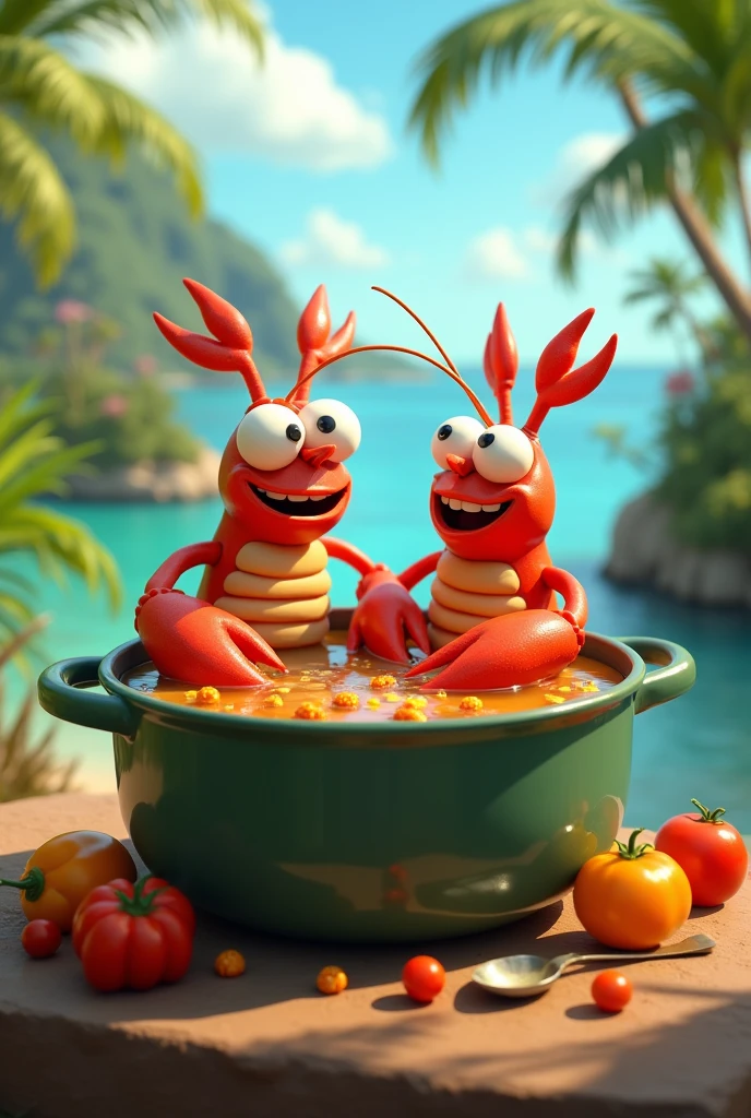 Un homard mâle et un homard femelle avec des grands yeux qui se baignent dans une marmite avec un bouillon de légumes sur une île en prenant l'apéritif version animé