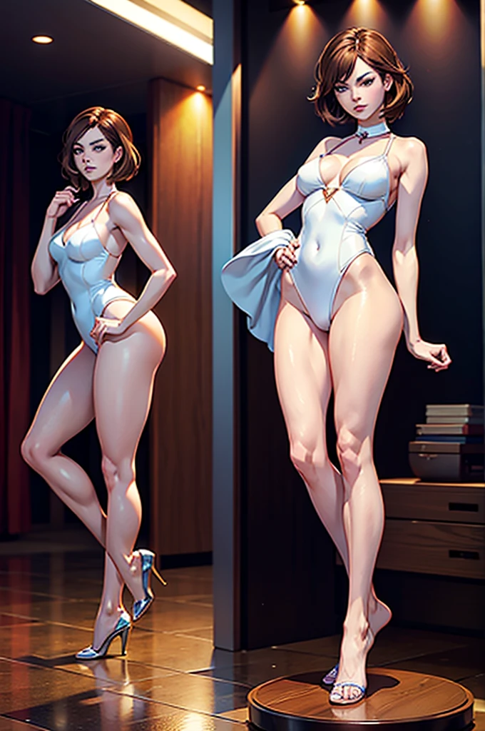 create a woman, slender, beautiful body and beautiful feet, very beautiful, short brown hair, Emma Stone's face, with a furry uniform like a squirrel, with a helmet like a squirrel's head, and a tail that looks like a squirrel, wear long brown boots, Marvel superhero style, 8k, best qualityer, appears in the full body image from head to toe, she is walking in the forest.