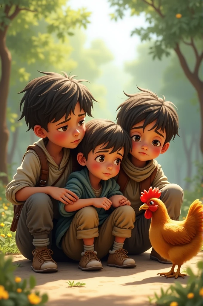 Finally, when they sat down, tired, they heard Chandi’s clucking sound.
The three children sitting on the ground, exhausted, suddenly hear a clucking sound. Their faces show a mix of tiredness and hope.