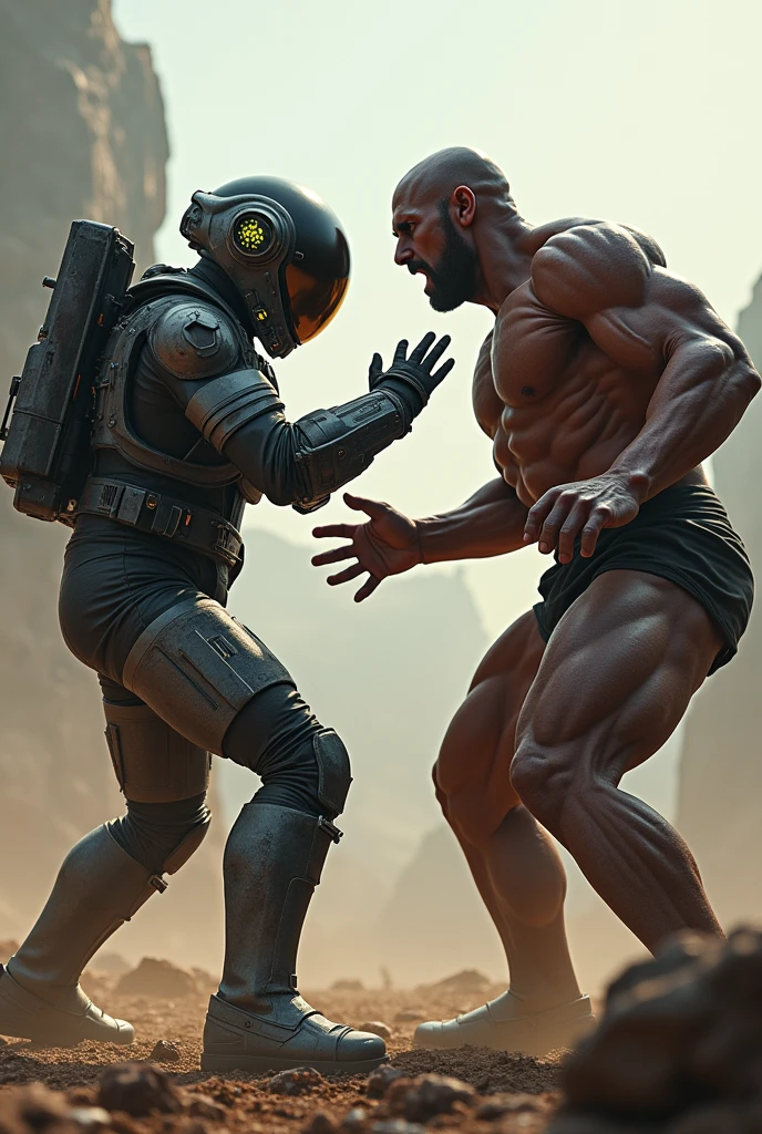 Astronaut suit man fighting a black guy