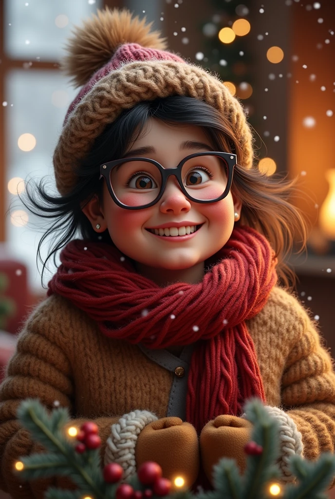Short and fat woman, brunette thin hair with big glasses. Elle porte des vetements d’hiver car elle adore noel 