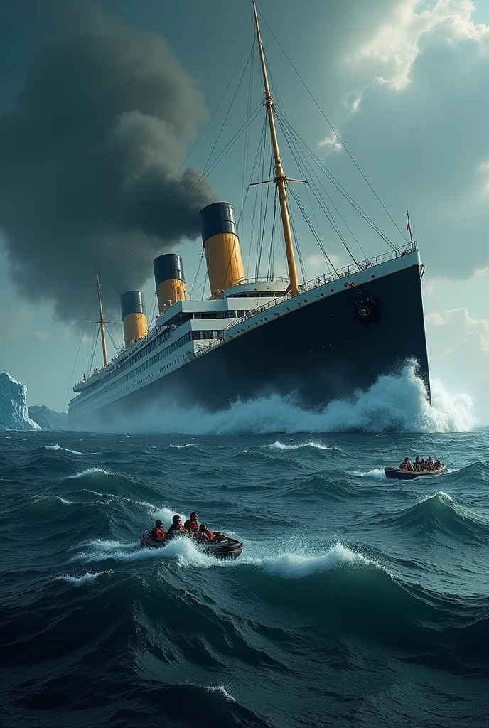 Create a picture of the wreck of the world's largest luxury ship Titanic. The ship will sink in the sea, hitting the ice, with smaller boats behind. Create a unique picture. To make a YouTube thumbnail.l