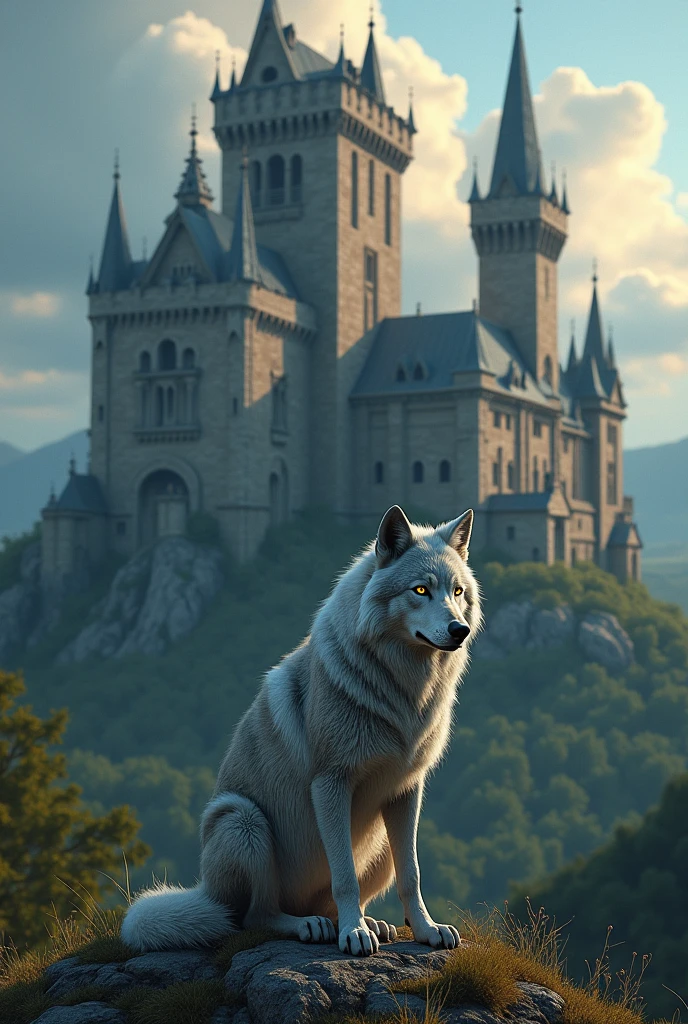 Wolf sitting Infront of the castle 