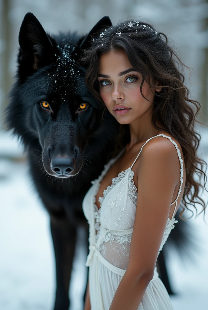high resolution, masterpiece : 1,2), (realistic : 1,37), (best quality, high resolution, ultra-detailed girl, realistic) Fille aux yeux marrons verts (noisettes) and very dark brown, wavy, almost curly hair falling over her shoulders with mixed-race skin. Elle se tient à côté d'un loup noir aux yeux oranges dans un endroit enneigé. Sa peau est métis. Elle ne sourit pas mais est très belle. She wears a white dress that clings to her skin..