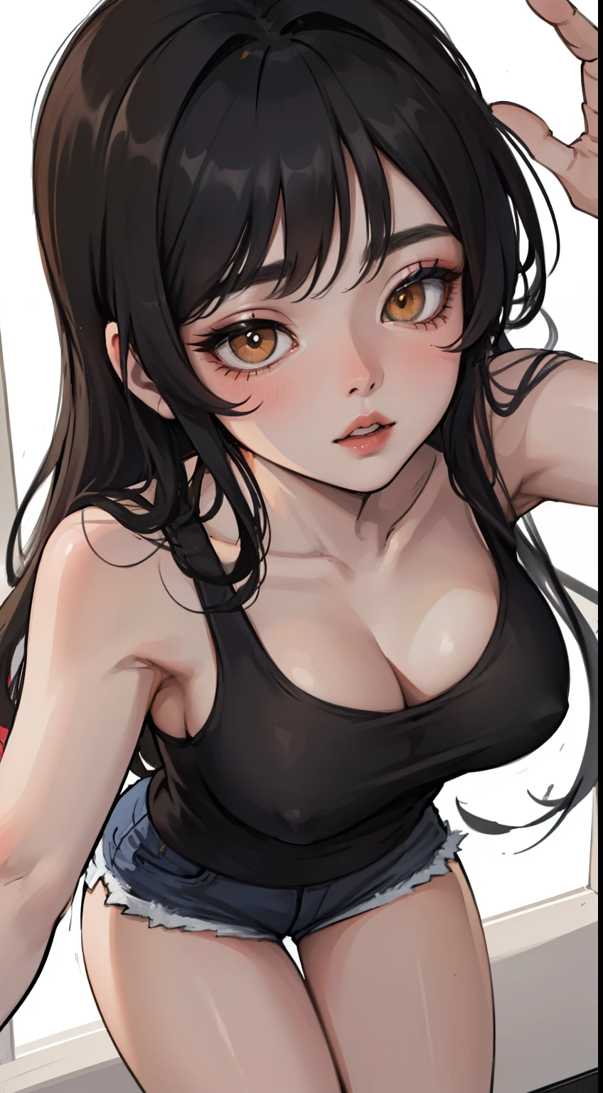 Close up shot of a sultry, stunning woman with a captivating gaze and flawless makeup, childhood best friend glowing up, accentuated by her black tank top and black short shorts, showcasing her alluring figure with thick thighs and wide hips, exuding a provocative aura.