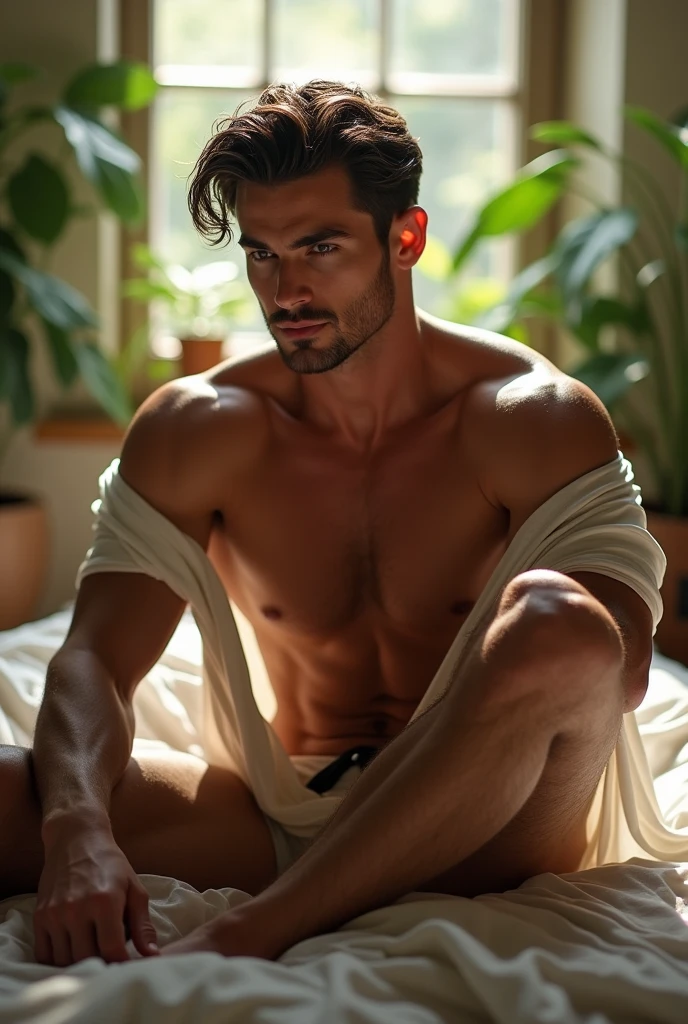 (photorealism:1.2), beautiful man, sitting on bed, wearing loose off-shoulder top, nude, masturbation, soft lighting, plants in background, window with sunlight, cozy room, relaxed pose, realistic, intricate details,