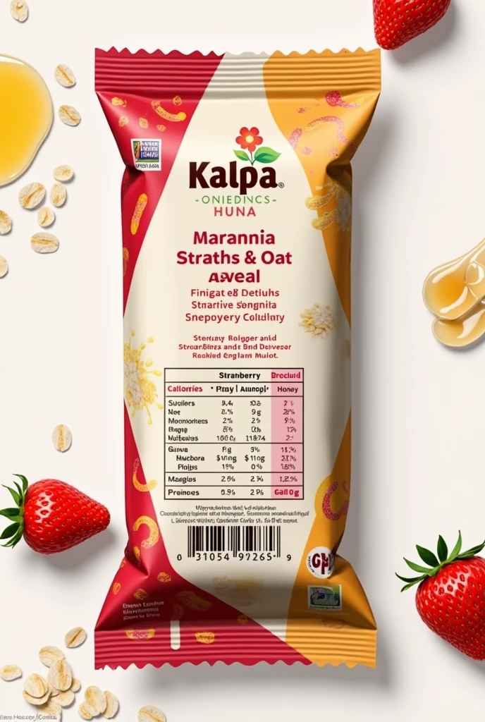 Back wrap for Kallpa brand energy bars with ingredients, like strawberry, Avena, Honey, with the sugar polygons, Calories, and barcode on the front as well