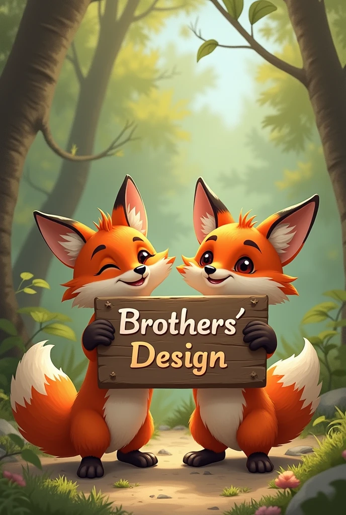 Two foxes holding a wooden sign saying Brothers&#39;s Design