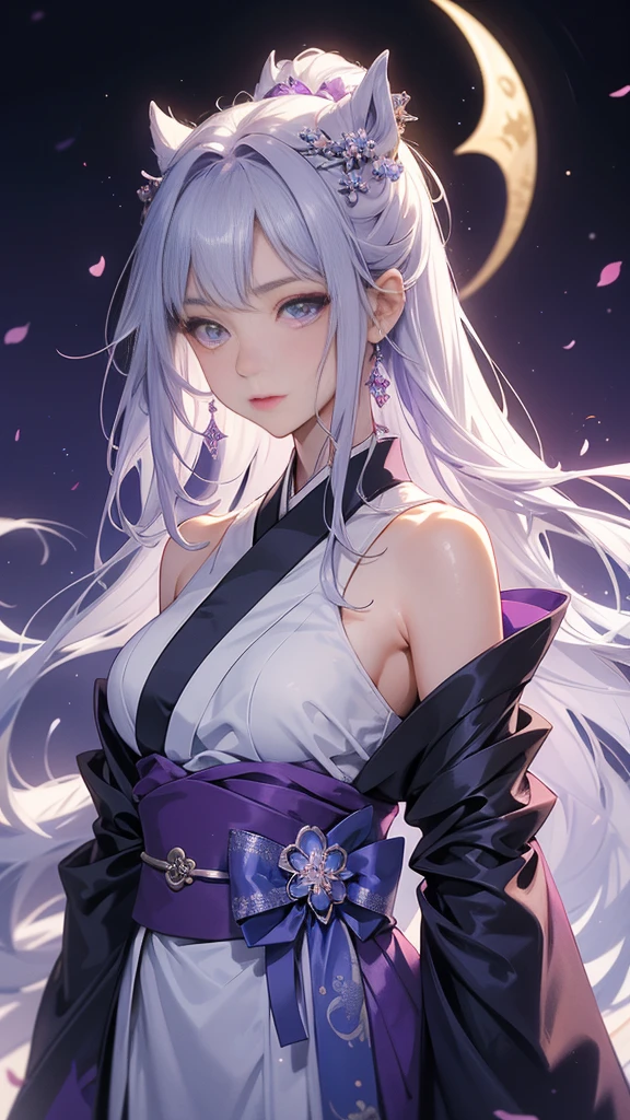 an anime-style female character named Ayame Tsukino. She is with long, flowing silver hair that reaches her waist, accented by soft lavender highlights that shimmer in the light. Her eyes are a bright, piercing violet, giving her an ethereal and captivating presence. Ayame has a petite and graceful build, standing at about 5'4". Her attire is a traditional kimono with a modern twist, featuring a dark purple color with intricate silver patterns resembling cherry blossoms. She wears a sash with a crescent moon emblem at her waist and carries a small, ornate fan.
Ayame exudes calmness and composure, with a gentle demeanor that belies her strong will and unwavering determination. She has a soothing presence and is known for her wisdom beyond her years. Despite her delicate appearance, she is fiercely protective of her loved ones and deeply compassionate. Ayame is the heir to an ancient clan that has safeguarded sacred artifacts for generations. She is highly skilled in traditional arts and has a deep connection to the spiritual realm. Now, she embarks on a journey to understand and control a hidden power within herself, all while upholding her family’s legacy.
