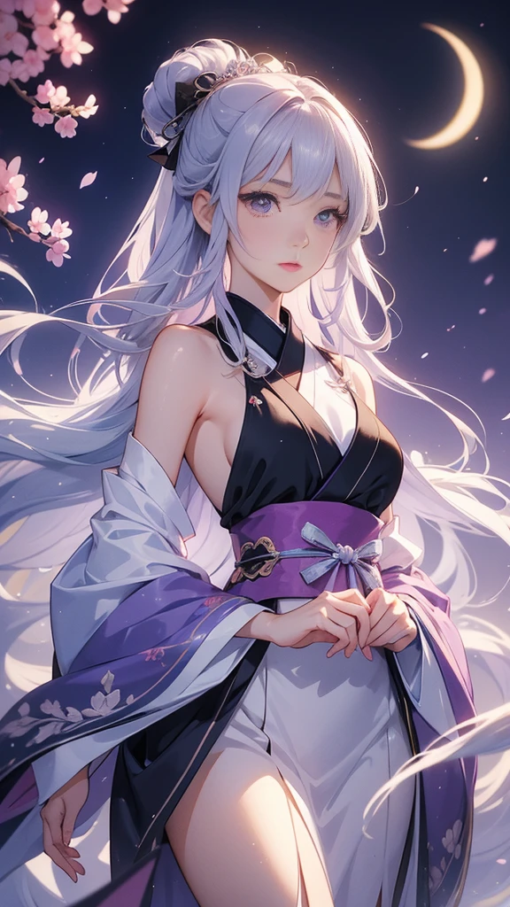 an anime-style female character named Ayame Tsukino. She is with long, flowing silver hair that reaches her waist, accented by soft lavender highlights that shimmer in the light. Her eyes are a bright, piercing violet, giving her an ethereal and captivating presence. Ayame has a petite and graceful build, standing at about 5'4". Her attire is a traditional kimono with a modern twist, featuring a dark purple color with intricate silver patterns resembling cherry blossoms. She wears a sash with a crescent moon emblem at her waist and carries a small, ornate fan.
Ayame exudes calmness and composure, with a gentle demeanor that belies her strong will and unwavering determination. She has a soothing presence and is known for her wisdom beyond her years. Despite her delicate appearance, she is fiercely protective of her loved ones and deeply compassionate. Ayame is the heir to an ancient clan that has safeguarded sacred artifacts for generations. She is highly skilled in traditional arts and has a deep connection to the spiritual realm. Now, she embarks on a journey to understand and control a hidden power within herself, all while upholding her family’s legacy.