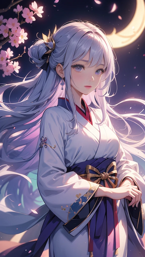 an anime-style female character named Ayame Tsukino. She is  with long, flowing silver hair that reaches her waist, accented by soft lavender highlights that shimmer in the light. Her eyes are a bright, piercing violet, giving her an ethereal and captivating presence. Ayame has a petite and graceful build, standing at about 5'4". Her attire is a traditional kimono with a modern twist, featuring a dark purple color with intricate silver patterns resembling cherry blossoms. She wears a sash with a crescent moon emblem at her waist and carries a small, ornate fan.

Ayame exudes calmness and composure, with a gentle demeanor that belies her strong will and unwavering determination. She has a soothing presence and is known for her wisdom beyond her years. Despite her delicate appearance, she is fiercely protective of her loved ones and deeply compassionate. Ayame is the heir to an ancient clan that has safeguarded sacred artifacts for generations. She is highly skilled in traditional arts and has a deep connection to the spiritual realm. Now, she embarks on a journey to understand and control a hidden power within herself, all while upholding her family’s legacy.