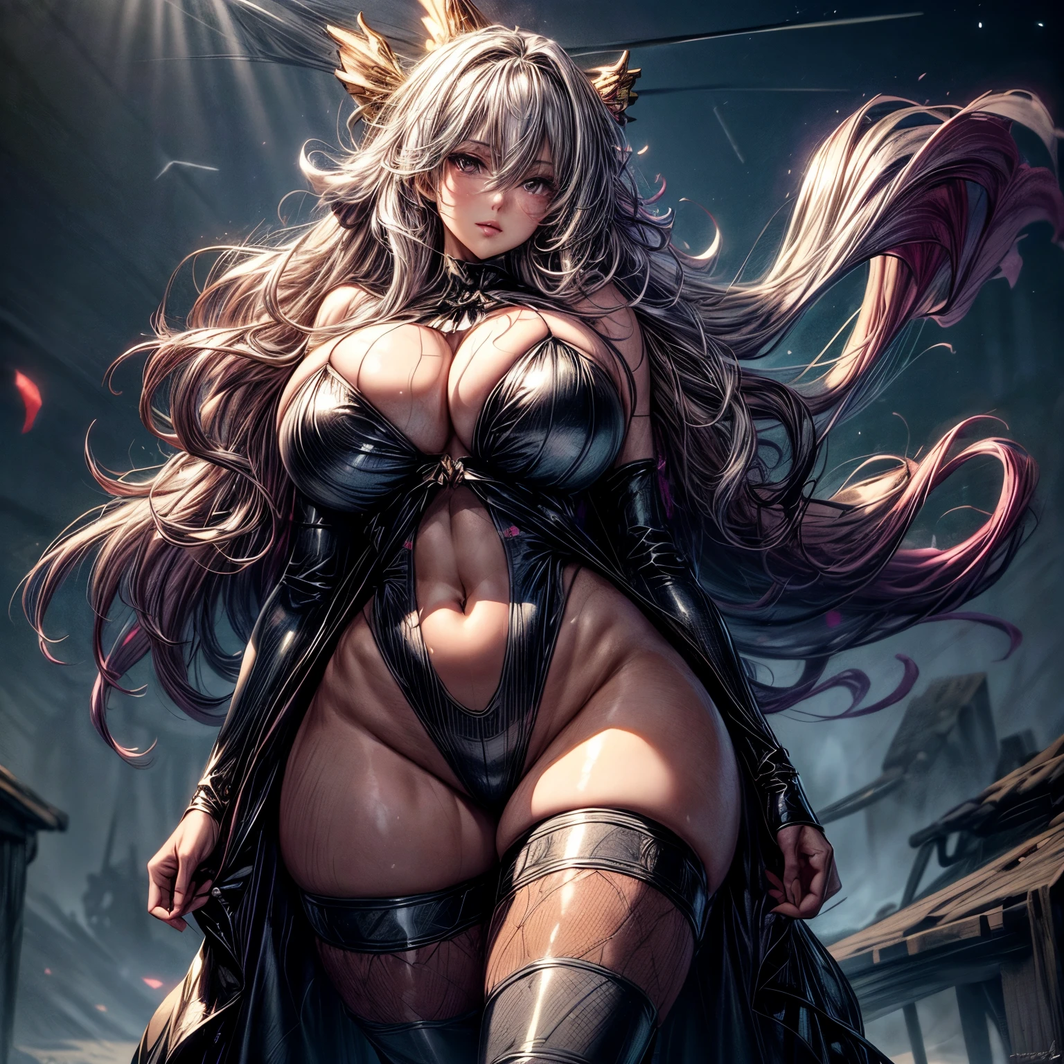 beautiful digital works of art、Fantasy and gorgeous lighting、gorgeous digital art、stunning digital illustration、digital fantasy art、3D Rendering Character Art、8k、hight resolution、detailed digital art、Elegant fantasy、NSFW、1girl in、kindly smile、Cowboy Shot、balanced body shape with a length of 7 heads,、Perfect growth、Beautiful curvaceous、A sexy、Pink hair、Long curled hair、Woman with shining light、beautiful countenance、A detailed face、perfectly proportions、Big Tits、big breasts thin waist、navel、big butts、Raised clean buttocks、Crotch gap、thighs thighs thighs thighs、clong legs、Silver dress、Translucent cloaked robe、floating in the universe、(Tremendous wind:1.7)、(Hair and costume are disheveled:1.7)、Skin is exposed、A sexy、(dynamic ungle:0.5)、(randome pose:0.5)、the background is the universe、In the Dark、Lots of stars、blur backgroun、