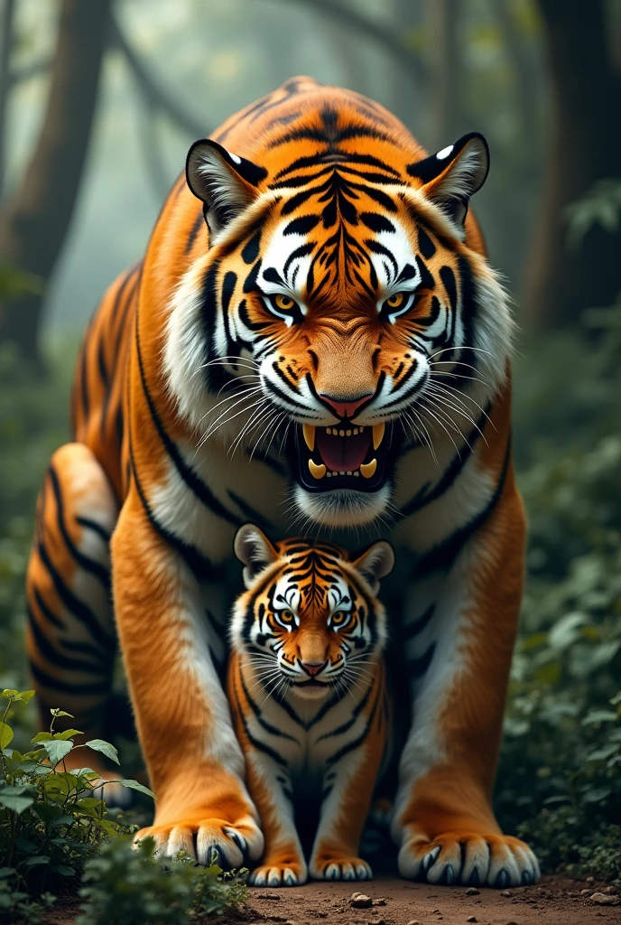 A tiger protecting its cub