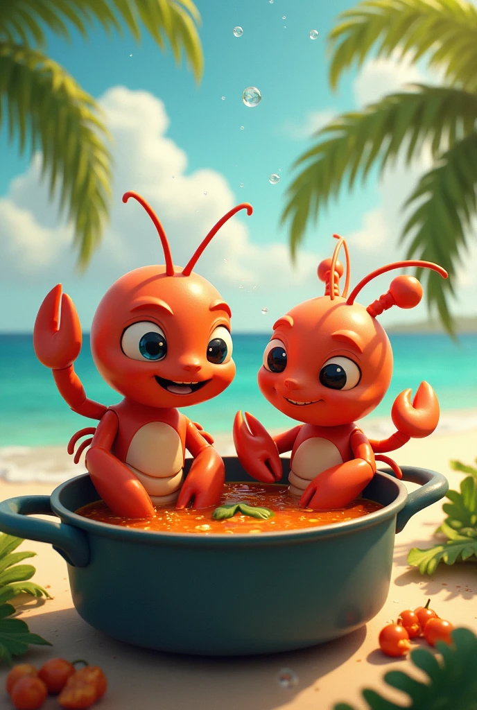 Un homard mâle et un homard femelle sans pinces sur la tête avec des grands yeux qui se baignent dans une marmite avec un bouillon de légumes sur une île en prenant l'apéritif version animé