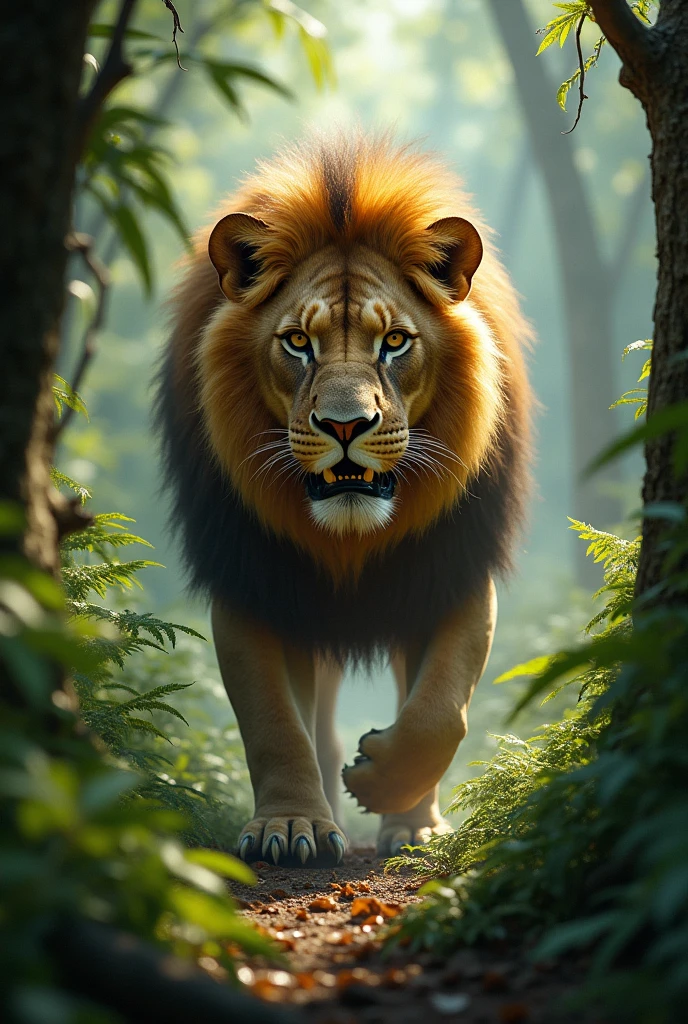 Lion in a forest looking straight ahead in a threatening tone
