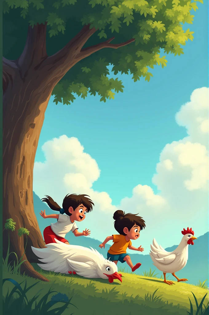 They quickly ran towards the sound and saw Chandi resting under a tree.
The three friends are running towards a tree in the distance where they see Chandi, the white hen, resting comfortably under the shade.
