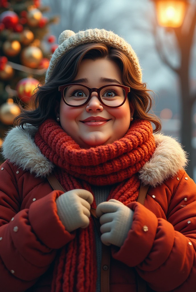 fat woman, brunette thin hair with big glasses. Elle porte des vetements d’hiver car elle adore noel