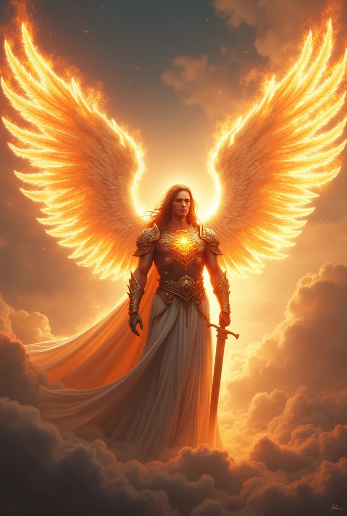 Seraph with six wings with his face shining with armor of flames of fire a sword at his waist is in the sky to one side of the throne Of God looking forward