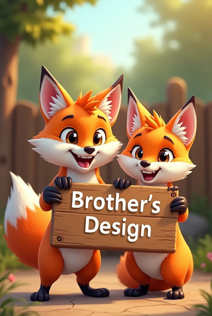Two cartoon style foxes holding a wooden board with Brothers's Design written on it