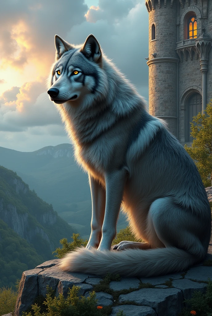 Wolf sitting Infront of the castle 