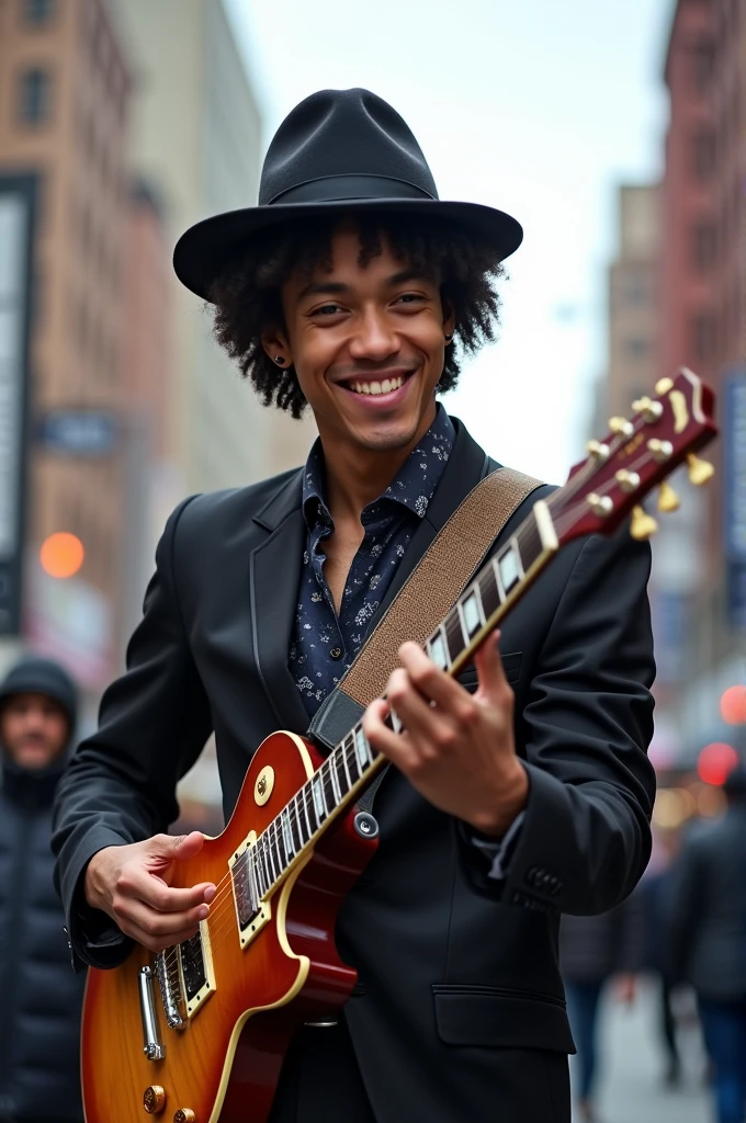 Find a photo of me with my guitar on my Facebook and put on a hat like Bruno Mars and in the video I'm playing my guitar on the streets of New York